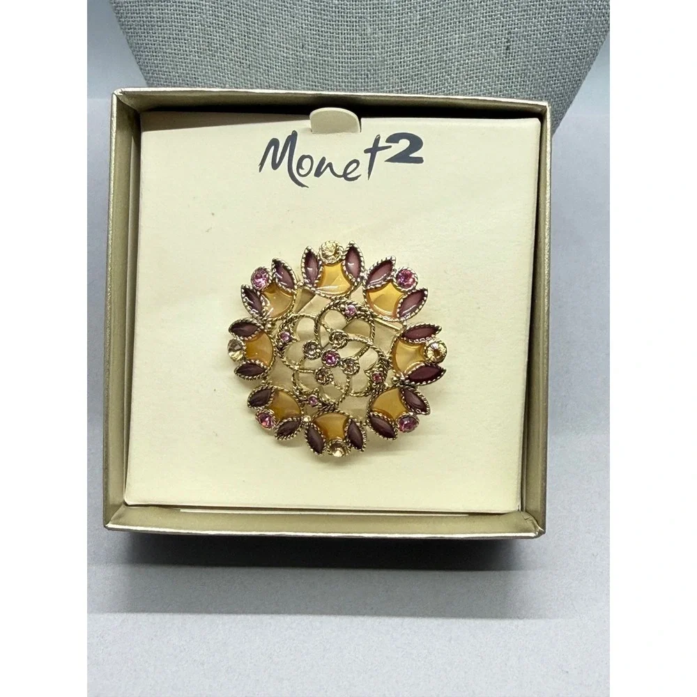 Monet 2 Signed Rhinestone and Enamel Brooch Purple Multi Color Original Box‎ 2